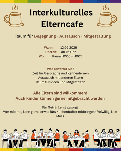 KI generiert: Das Bild ist eine Einladung zu einem interkulturellen Elterncafé, das am 12.05.2026 ab 16 Uhr stattfindet und als Treffpunkt für Austausch und Mitgestaltung von Eltern dient. Alle sind willkommen, und es wird darum gebeten, freiwillig etwas für das Kuchenbuffet mitzubringen.