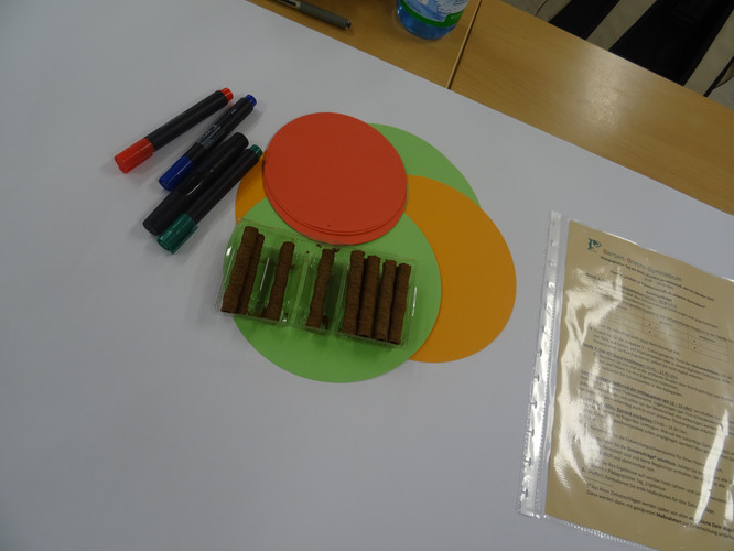 KI generiert: Das Bild zeigt einen Tisch mit mehreren Filzstiften, bunten Kreispapieren und einer Packung von Keksen. Daneben liegt ein laminiertes Dokument oder Blatt Papier.