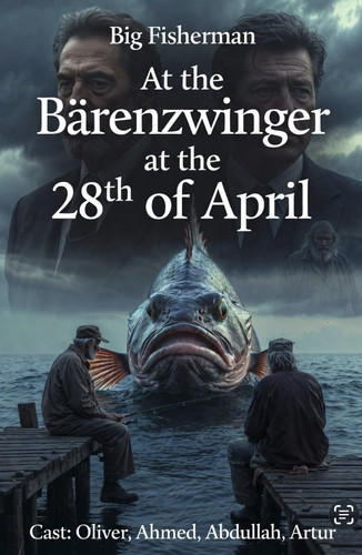KI generiert: Das Bild zeigt ein Filmplakat mit einem großen Fisch im Vordergrund und zwei Männer auf einem Steg. Im Hintergrund sind zwei Porträts von Personen zu sehen, begleitet von der Ankündigung eines Ereignisses am 28. April.