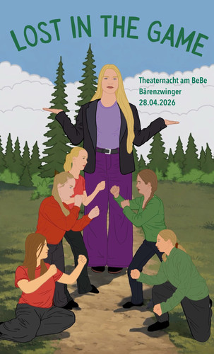 KI generiert: Das Bild zeigt eine große Figur in der Mitte, umgeben von kleineren knienden Personen, die verschiedene Kampfhaltungen einnehmen. Im Hintergrund sind Bäume und Wolken zu sehen, während der Text oben auf eine Theaterveranstaltung hinweist.