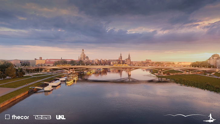 KI generiert: Das Bild zeigt eine Flusslandschaft mit einer modernen Brückenstruktur, die eine Stadt im Hintergrund verbindet. Die Szenerie ist bei Sonnenaufgang oder Sonnenuntergang beleuchtet, was ein warmes, stimmungsvolles Licht erzeugt.