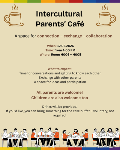 KI generiert: Das Bild ist eine Einladung zum "Intercultural Parents' Café", das am 12. Mai 2026 stattfindet. Es bietet Eltern die Möglichkeit zum Austausch und zur Zusammenarbeit, wobei auch Kinder willkommen sind.
